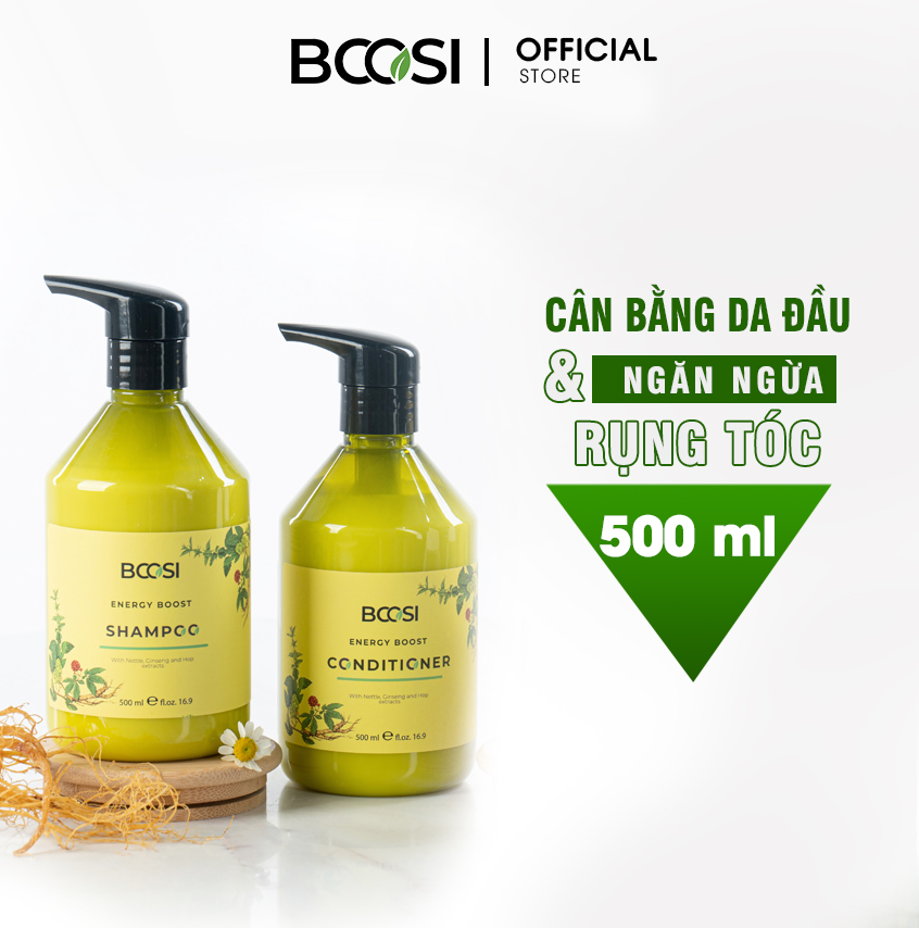 Combo Dầu gội – dầu xả năng lượng cân bằng da đầu và ngăn ngừa tóc gãy rụng Bcosi Energy Boost 500ml